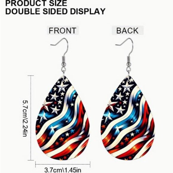 Red And Blue Five-Pointed Star Flag Pattern Leather Earrings Independence Day - Picture 4 of 5
